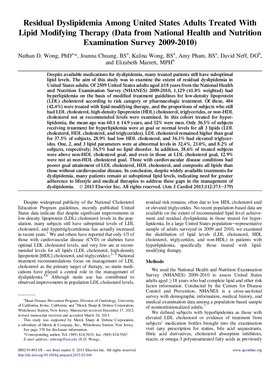 دیس لیپیدمی باقی مانده در میان بزرگسالان ایالات متحده درمان شده با لیپید اصلاح درمان (داده ها از بررسی ملی بهداشت و تغذیه 2009-2010) 