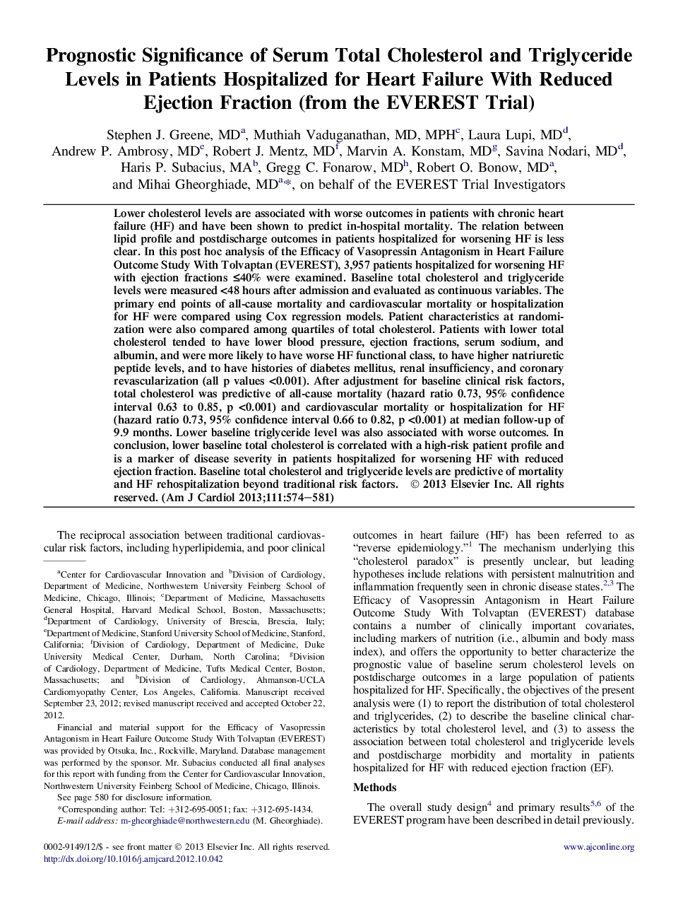 عکس صفحه اول مقاله: Heart failurePrognostic Significance of Serum Total Cholesterol and Triglyceride Levels in Patients Hospitalized for Heart Failure With Reduced Ejection Fraction (from the EVEREST Trial) Heart failurePrognostic Significance of Serum Total Cholesterol and Triglyceride Levels in Patients Hospitalized for Heart Failure With Reduced Ejection Fraction (from the EVEREST Trial)