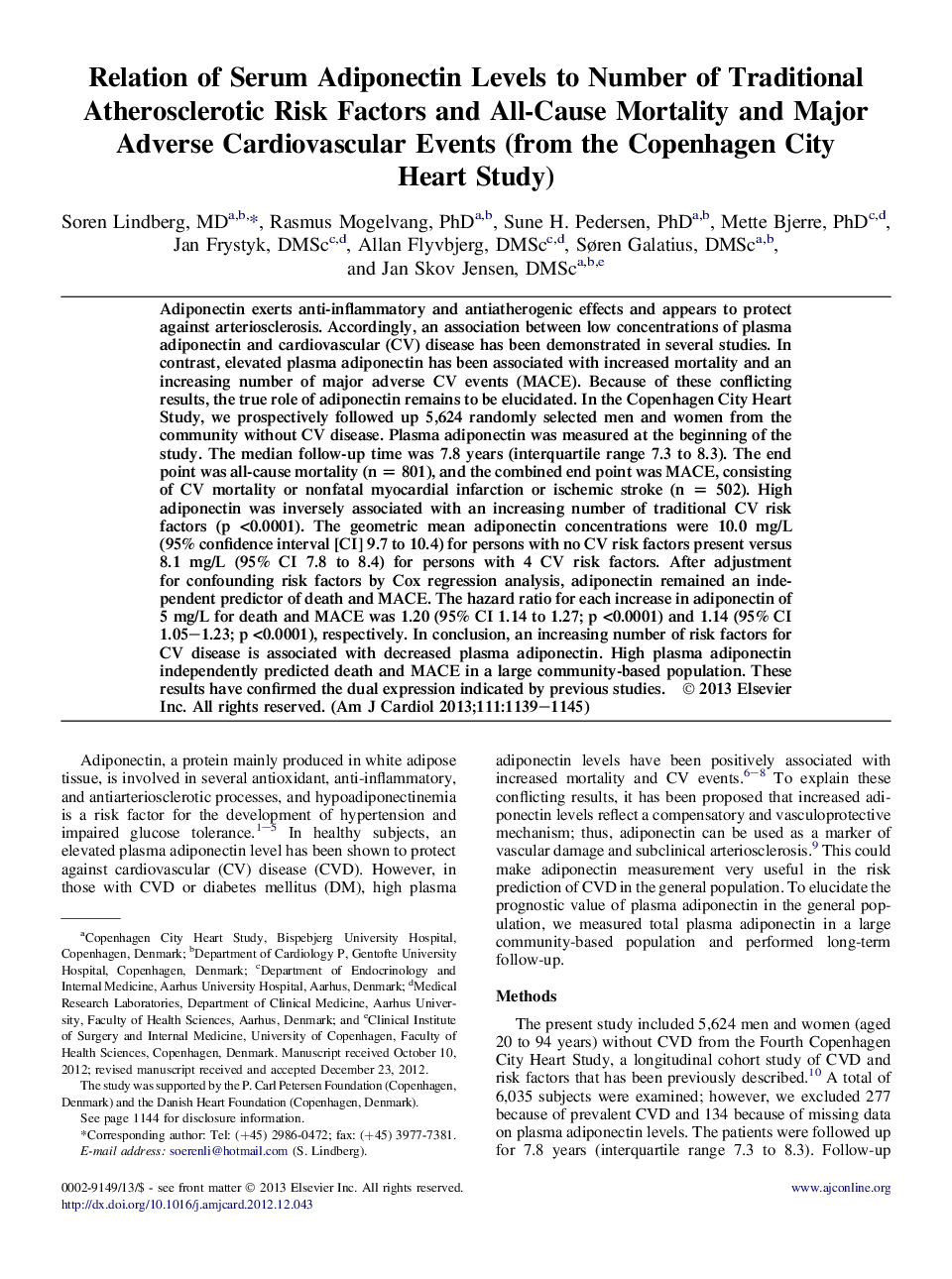 ارتباط سطح سرمی آدیپونکتین با تعداد عوامل خطر سکته قلبی عروقی و مرگ و میر همه موارد و وقایع مهم قلبی عروقی (از مطالعه قلب شهر کپنهاگ) 