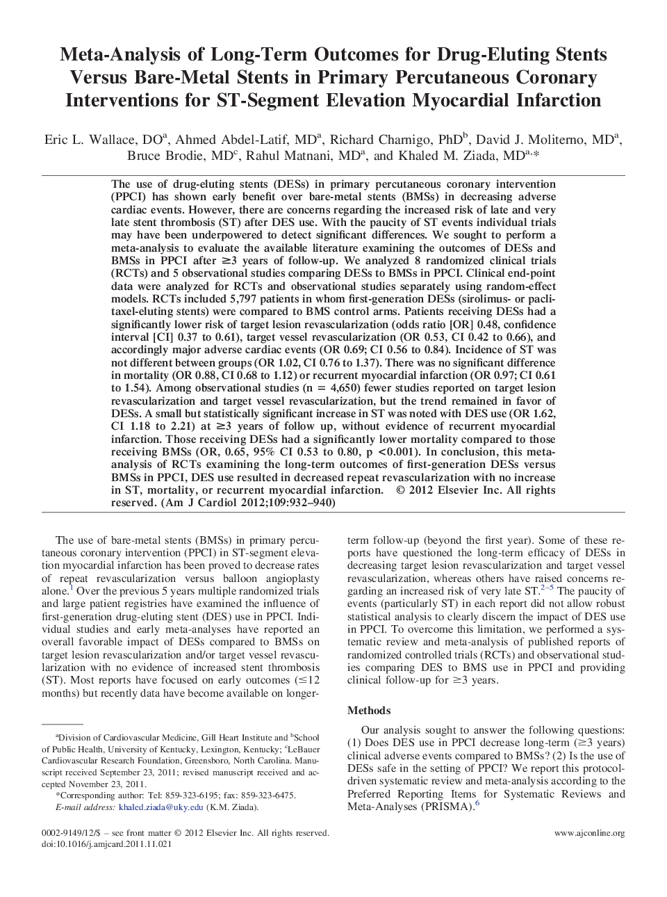 Meta-Analysis of Long-Term Outcomes for Drug-Eluting Stents Versus Bare-Metal Stents in Primary Percutaneous Coronary Interventions for ST-Segment Elevation Myocardial Infarction