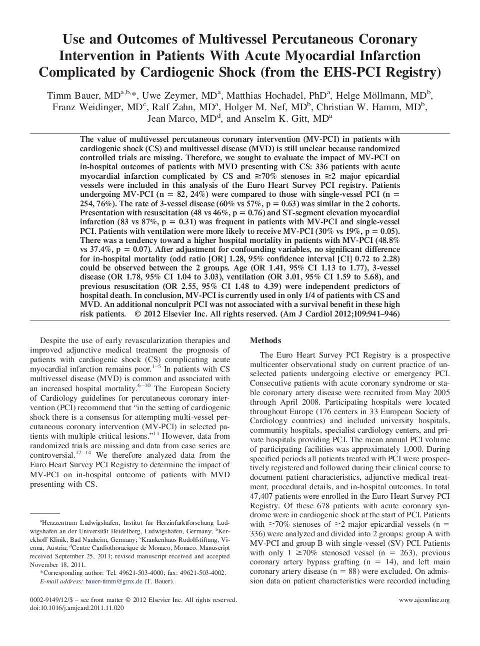 Coronary artery diseaseUse and Outcomes of Multivessel Percutaneous Coronary Intervention in Patients With Acute Myocardial Infarction Complicated by Cardiogenic Shock (from the EHS-PCI Registry)