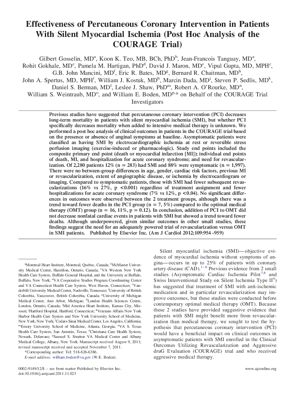Effectiveness of Percutaneous Coronary Intervention in Patients With Silent Myocardial Ischemia (Post Hoc Analysis of the COURAGE Trial)