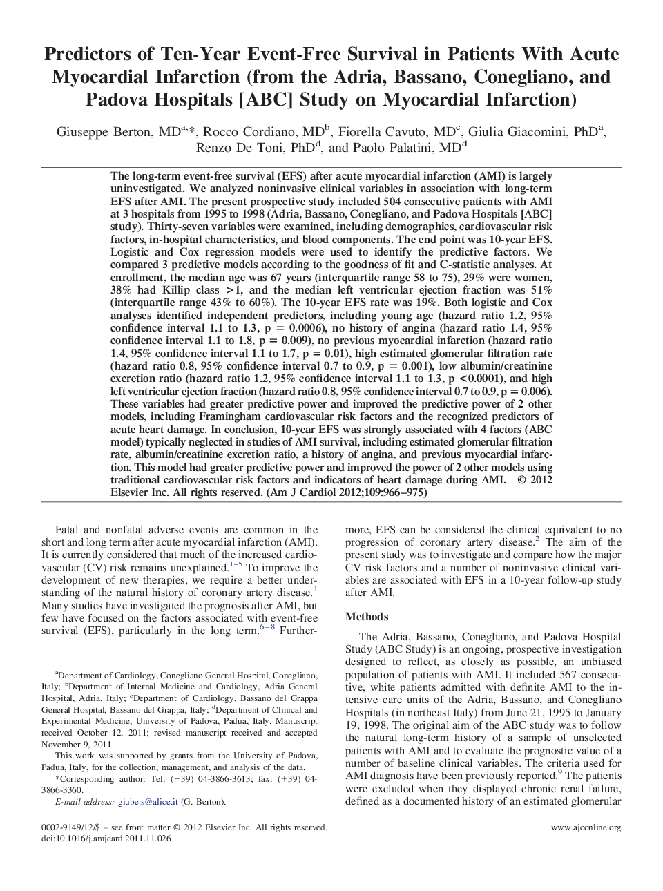 Predictors of Ten-Year Event-Free Survival in Patients With Acute Myocardial Infarction (from the Adria, Bassano, Conegliano, and Padova Hospitals [ABC] Study on Myocardial Infarction)
