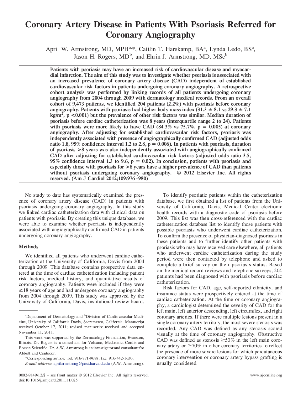 Coronary artery diseaseCoronary Artery Disease in Patients With Psoriasis Referred for Coronary Angiography
