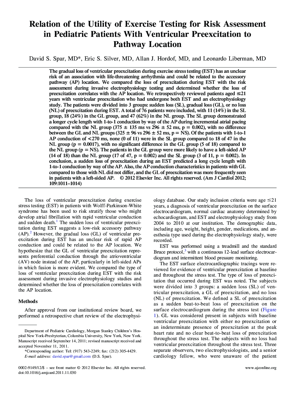 Relation of the Utility of Exercise Testing for Risk Assessment in Pediatric Patients With Ventricular Preexcitation to Pathway Location