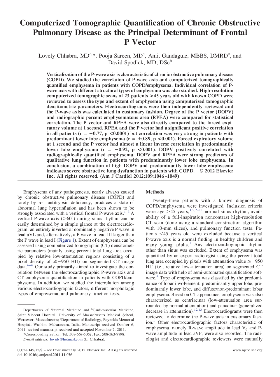 عکس صفحه اول مقاله: Computerized Tomographic Quantification of Chronic Obstructive Pulmonary Disease as the Principal Determinant of Frontal P Vector Computerized Tomographic Quantification of Chronic Obstructive Pulmonary Disease as the Principal Determinant of Frontal P Vector