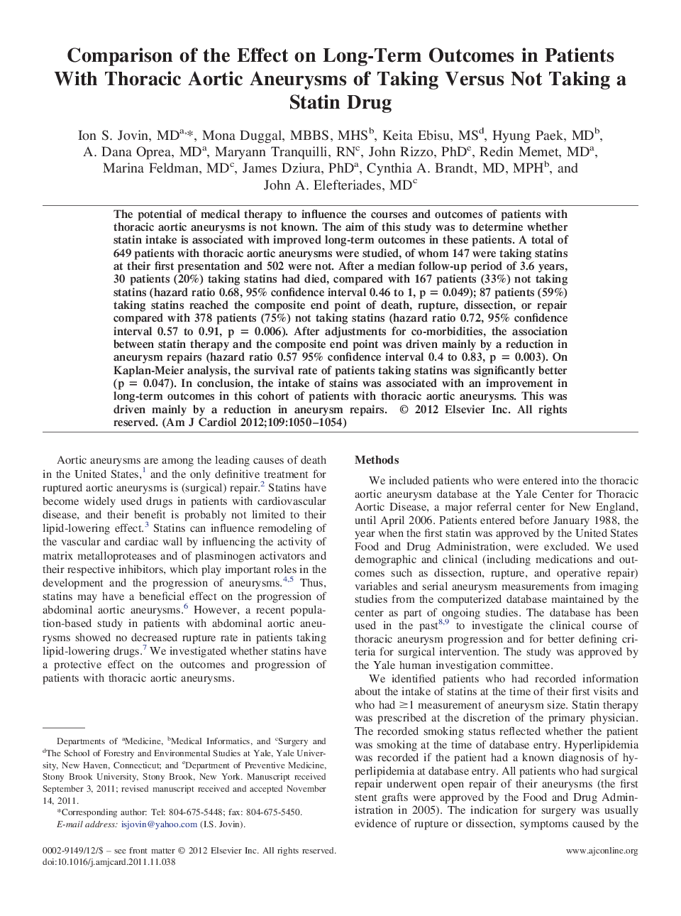 عکس صفحه اول مقاله: MiscellaneousComparison of the Effect on Long-Term Outcomes in Patients With Thoracic Aortic Aneurysms of Taking Versus Not Taking a Statin Drug MiscellaneousComparison of the Effect on Long-Term Outcomes in Patients With Thoracic Aortic Aneurysms of Taking Versus Not Taking a Statin Drug