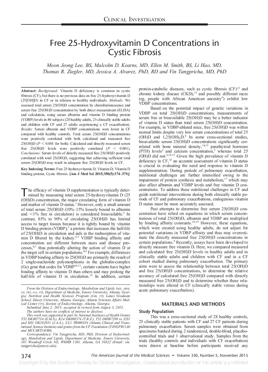 Free 25-Hydroxyvitamin D Concentrations in Cystic Fibrosis