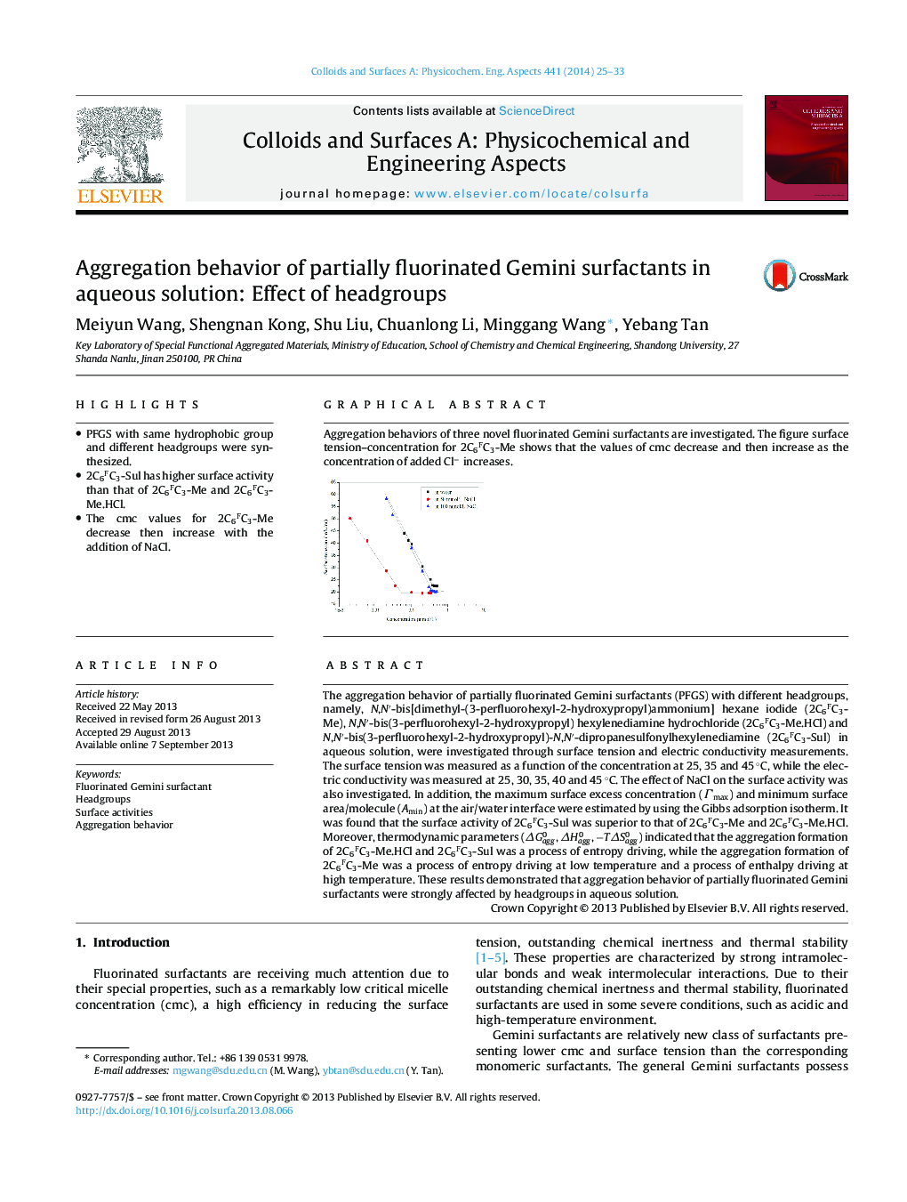 عکس صفحه اول مقاله: Aggregation behavior of partially fluorinated Gemini surfactants in aqueous solution: Effect of headgroups Aggregation behavior of partially fluorinated Gemini surfactants in aqueous solution: Effect of headgroups