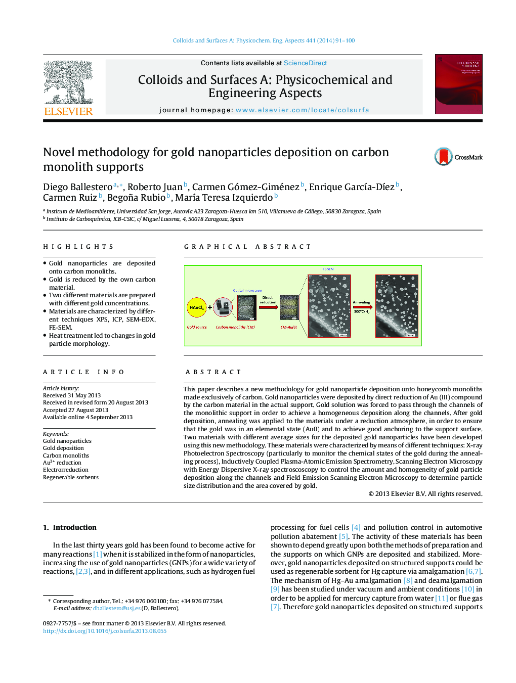 Novel methodology for gold nanoparticles deposition on carbon monolith supports