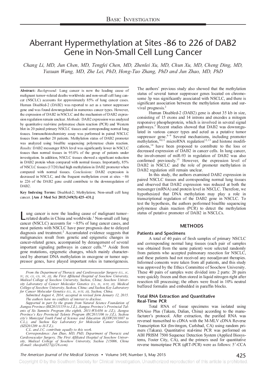 Aberrant Hypermethylation at Sites -86 to 226 of DAB2 Gene in Non-Small Cell Lung Cancer