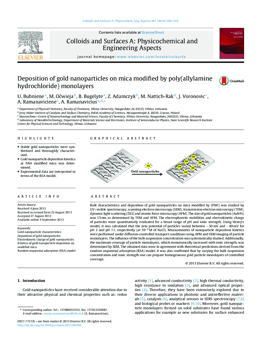 Deposition of gold nanoparticles on mica modified by poly(allylamine hydrochloride) monolayers