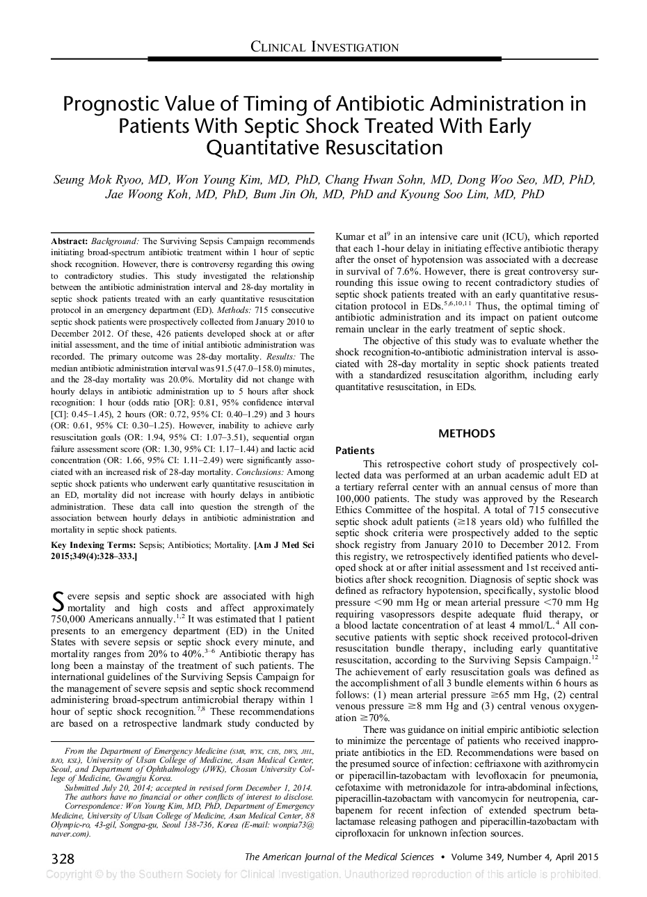 ارزش پیش آگهی زمان بندی آنتی بیوتیک در بیماران مبتلا به شوک سپتیک درمان شده با احیا کمی زودرس 