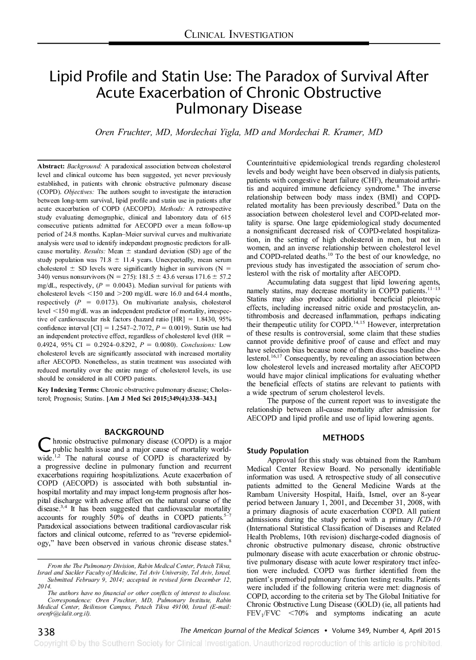 پروفایل لیپید و استفاده از استاتین: پارادوکس زنده ماندن پس از تشدید حاد بیماری ریوی مزمن انسدادی 