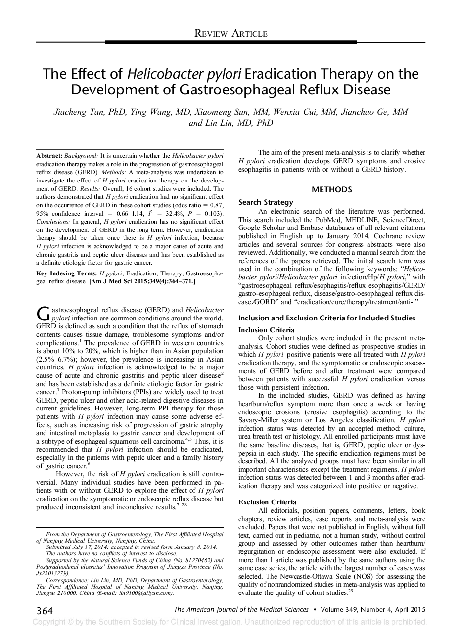 The Effect of Helicobacter pylori Eradication Therapy on the Development of Gastroesophageal Reflux Disease