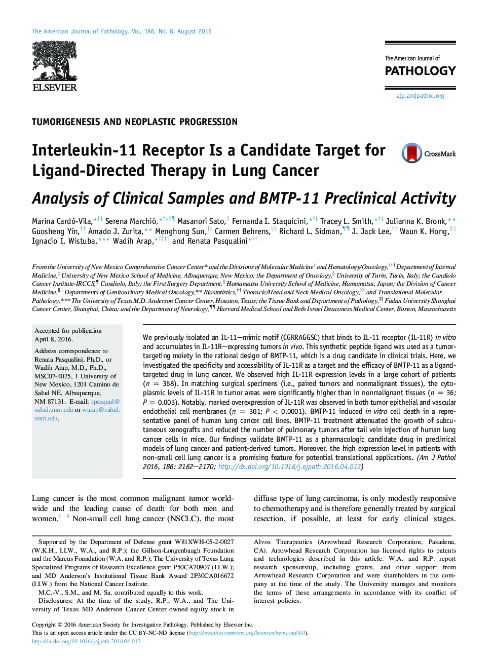 Regular articleTumorigenesis and neoplastic progressionInterleukin-11 Receptor Is a Candidate Target for Ligand-Directed Therapy in Lung Cancer: Analysis of Clinical Samples and BMTP-11 Preclinical Activity