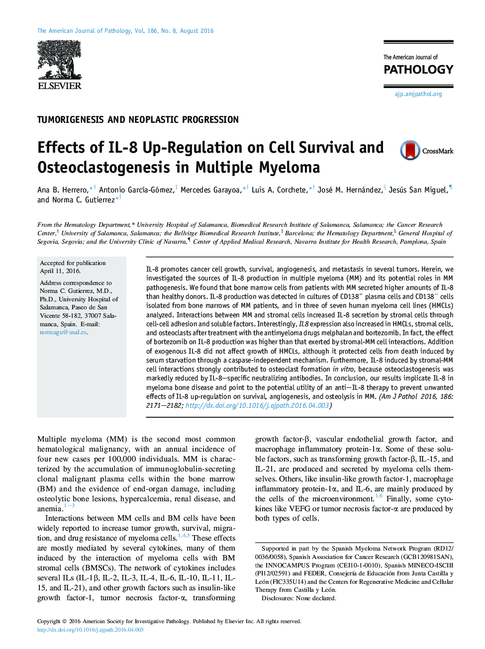 Regular articleTumorigenesis and neoplastic progressionEffects of IL-8 Up-Regulation on Cell Survival and Osteoclastogenesis in Multiple Myeloma