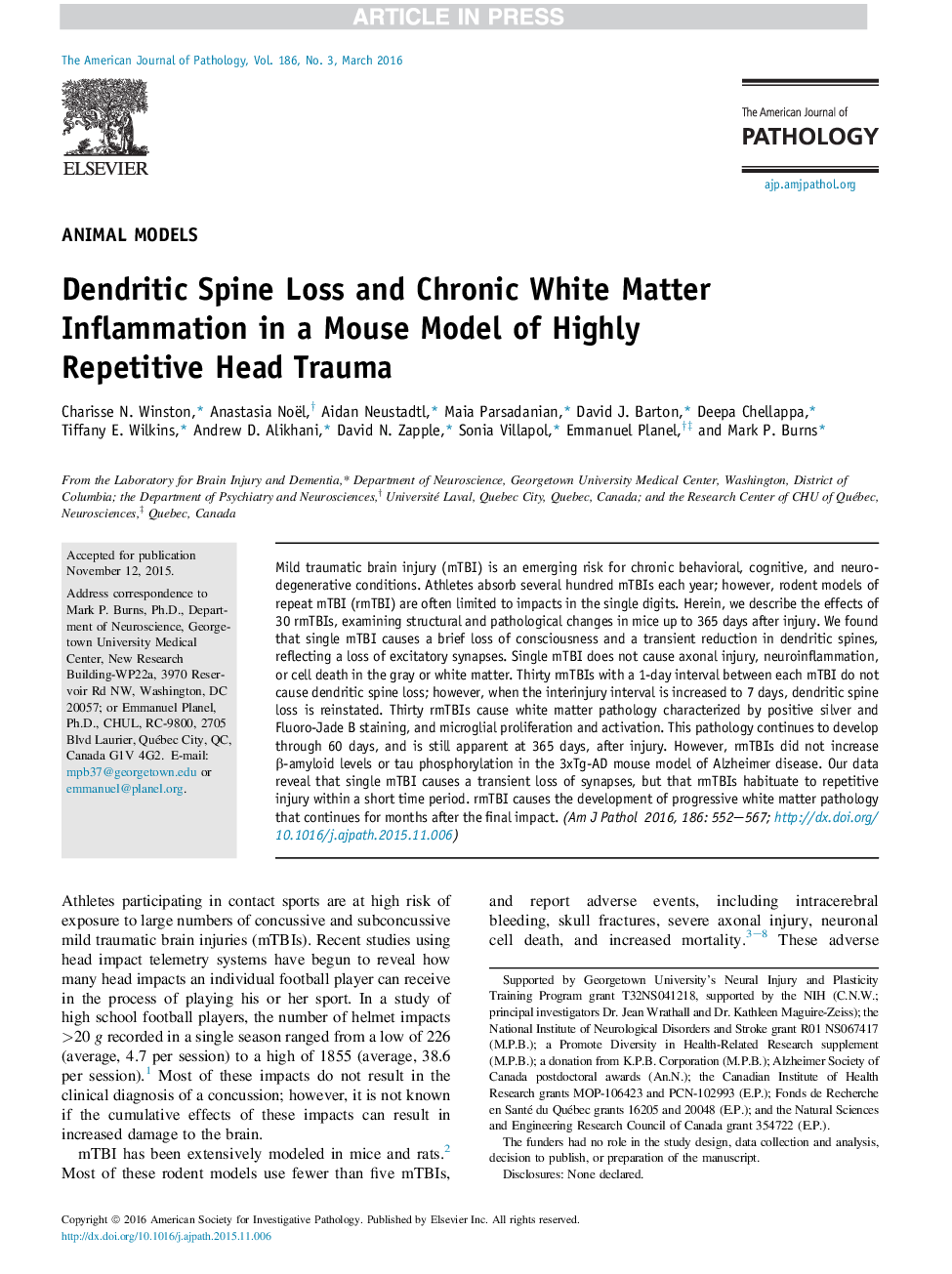 Dendritic Spine Loss and Chronic White Matter Inflammation in a Mouse Model of Highly Repetitive Head Trauma