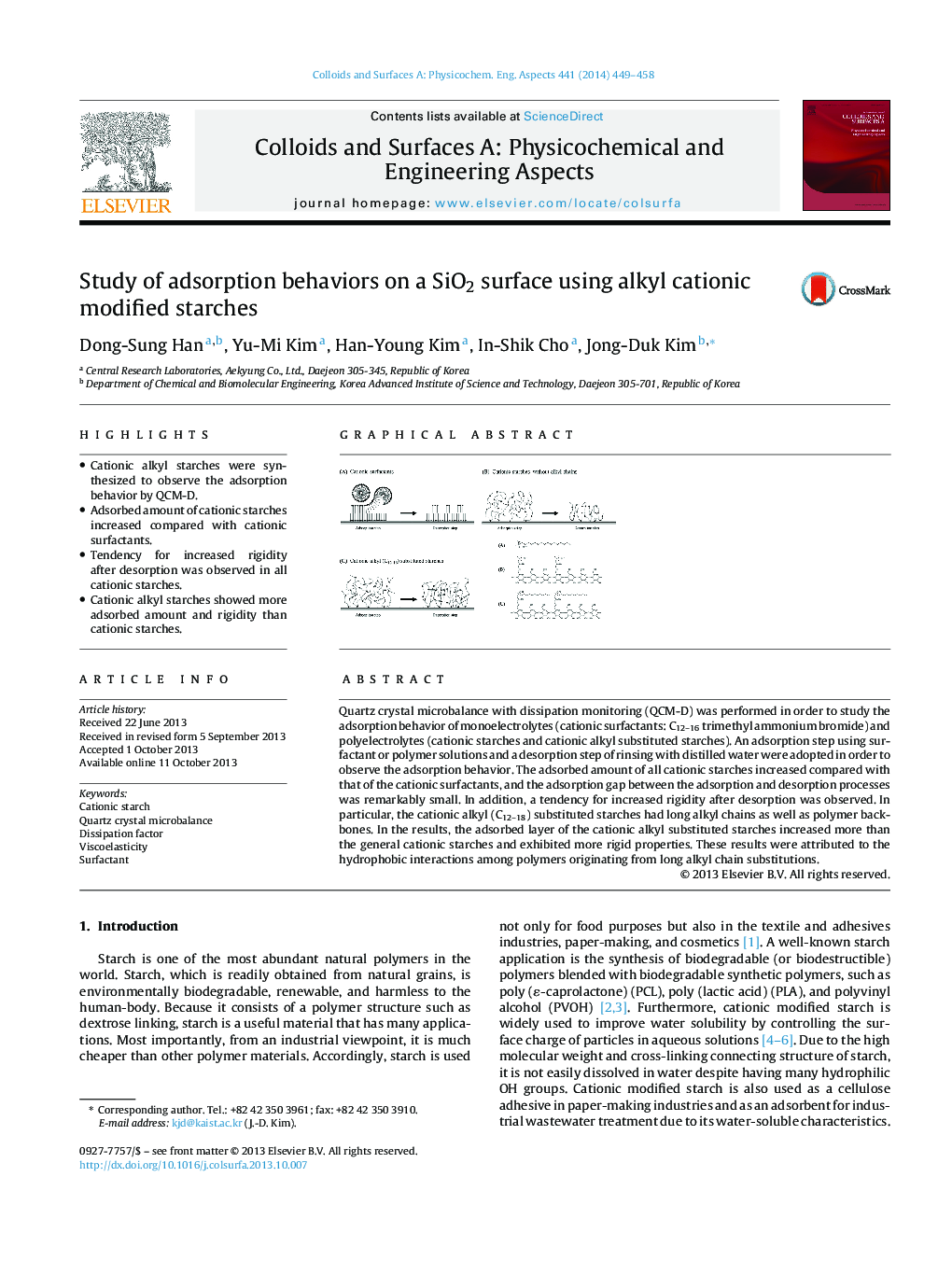 Study of adsorption behaviors on a SiO2 surface using alkyl cationic modified starches