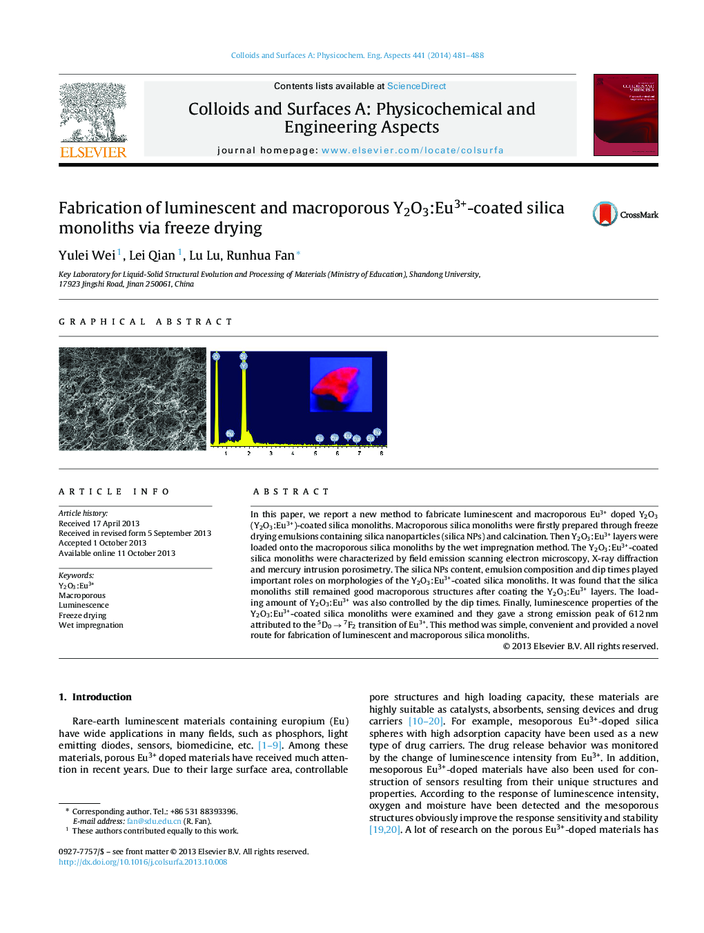 Fabrication of luminescent and macroporous Y2O3:Eu3+-coated silica monoliths via freeze drying