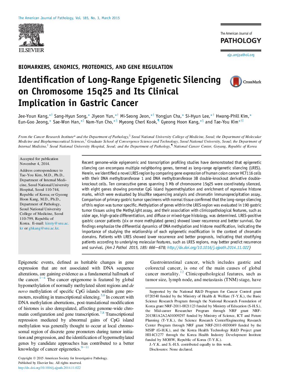 Regular articleBiomarkers, genomics, proteomics, and gene regulationIdentification of Long-Range Epigenetic Silencing on Chromosome 15q25 and Its Clinical Implication in Gastric Cancer