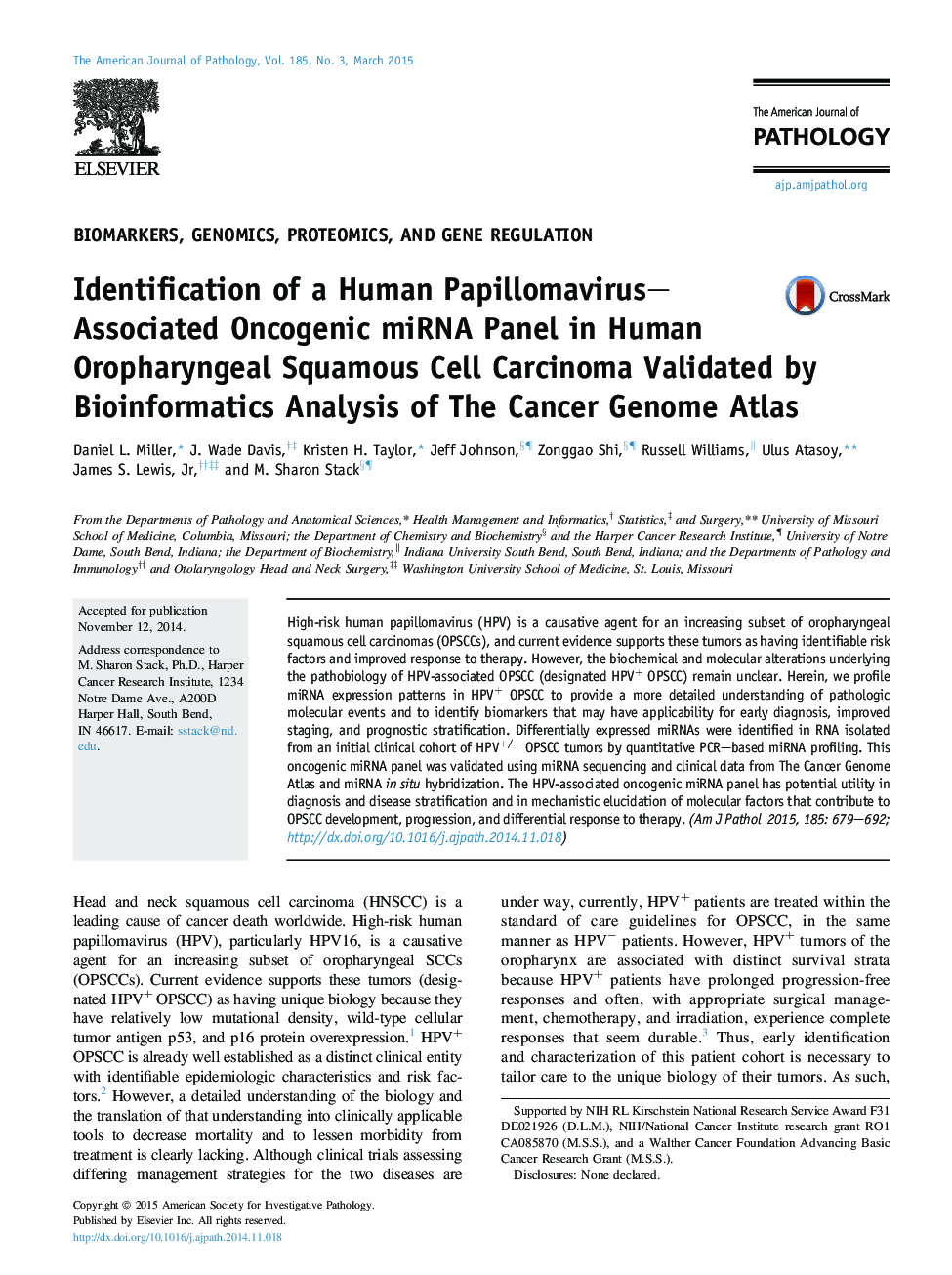 Identification of a Human Papillomavirus-Associated Oncogenic miRNA Panel in Human Oropharyngeal Squamous Cell Carcinoma Validated by Bioinformatics Analysis of The Cancer Genome Atlas