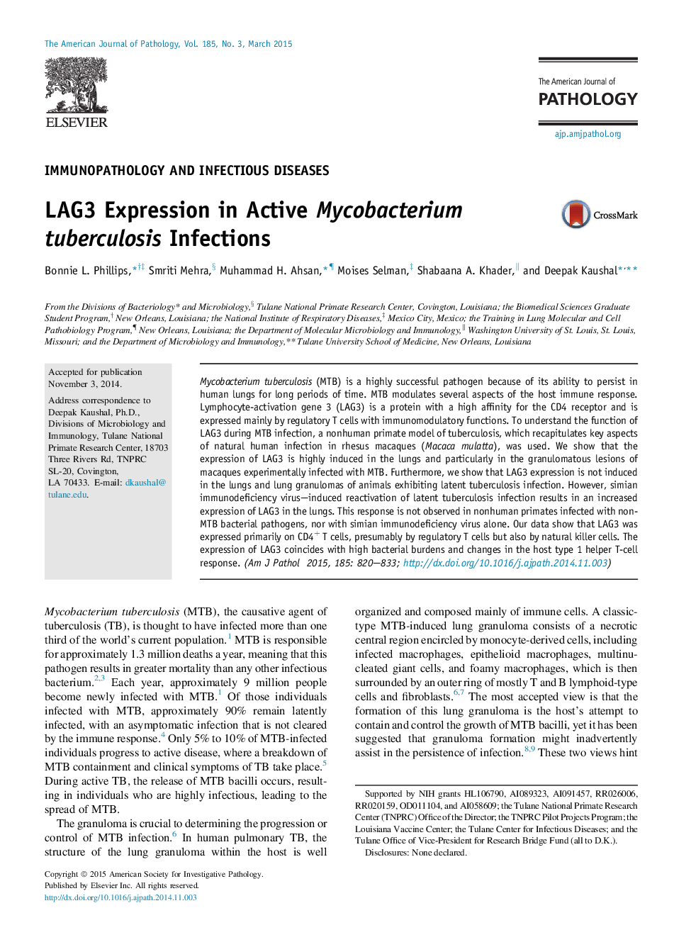 Regular articleImmunopathology and infectious diseasesLAG3 Expression in Active Mycobacterium tuberculosis Infections