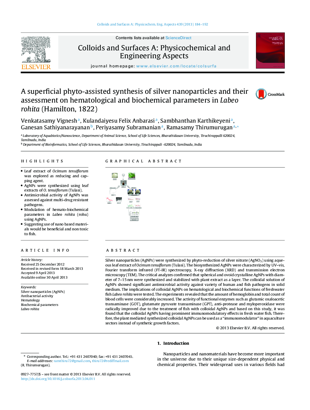 A superficial phyto-assisted synthesis of silver nanoparticles and their assessment on hematological and biochemical parameters in Labeo rohita (Hamilton, 1822)