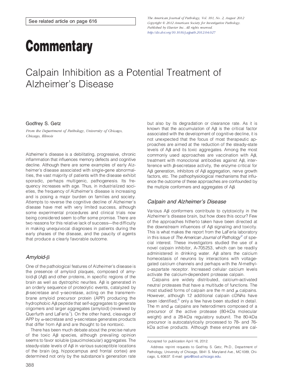 Calpain Inhibition as a Potential Treatment of Alzheimer's Disease