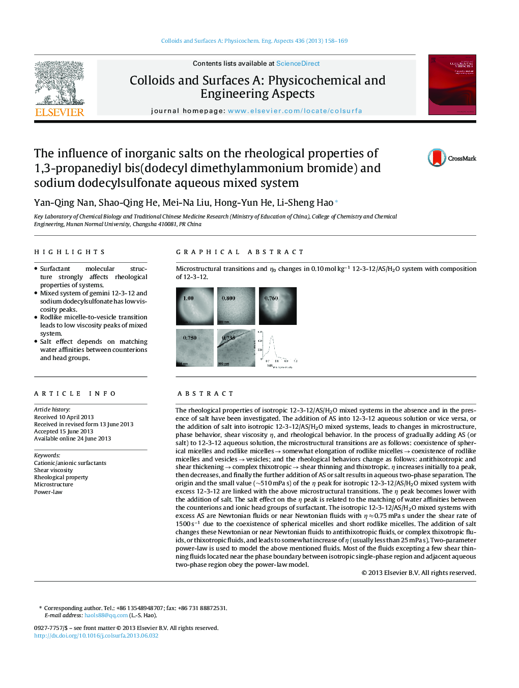 The influence of inorganic salts on the rheological properties of 1,3-propanediyl bis(dodecyl dimethylammonium bromide) and sodium dodecylsulfonate aqueous mixed system