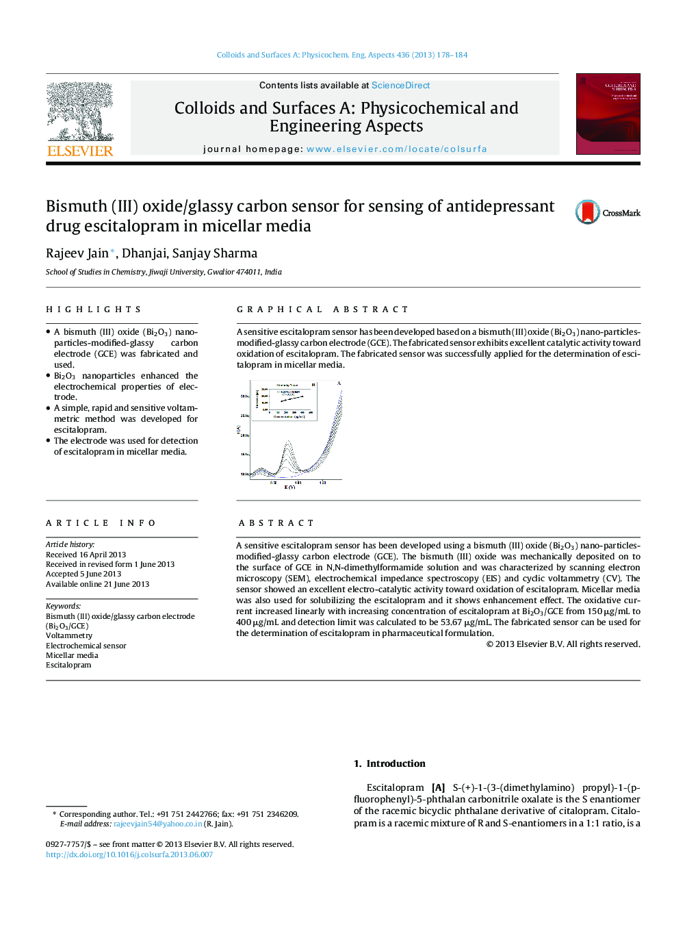 Bismuth (III) oxide/glassy carbon sensor for sensing of antidepressant drug escitalopram in micellar media