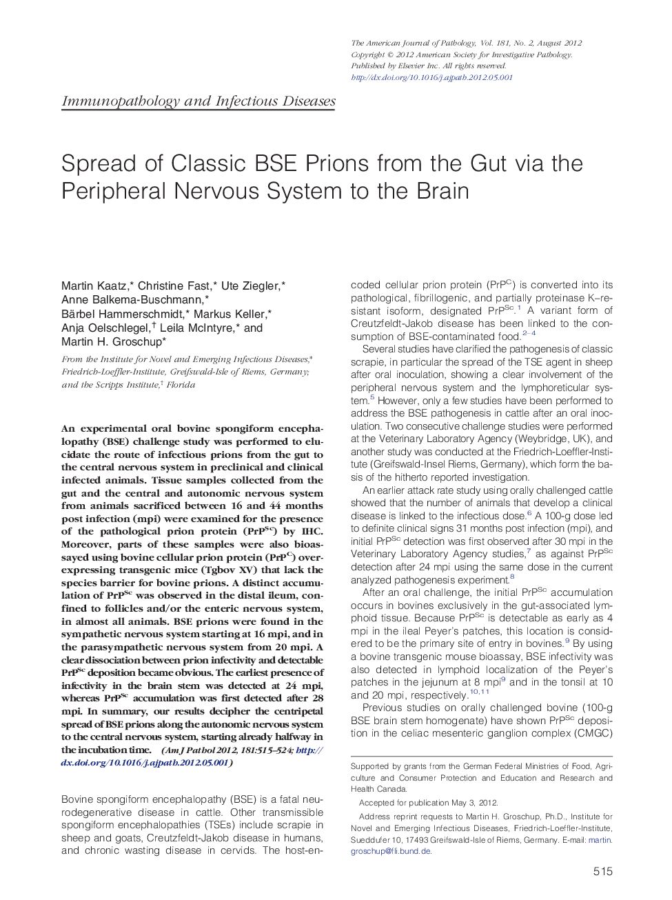 Spread of Classic BSE Prions from the Gut via the Peripheral Nervous System to the Brain