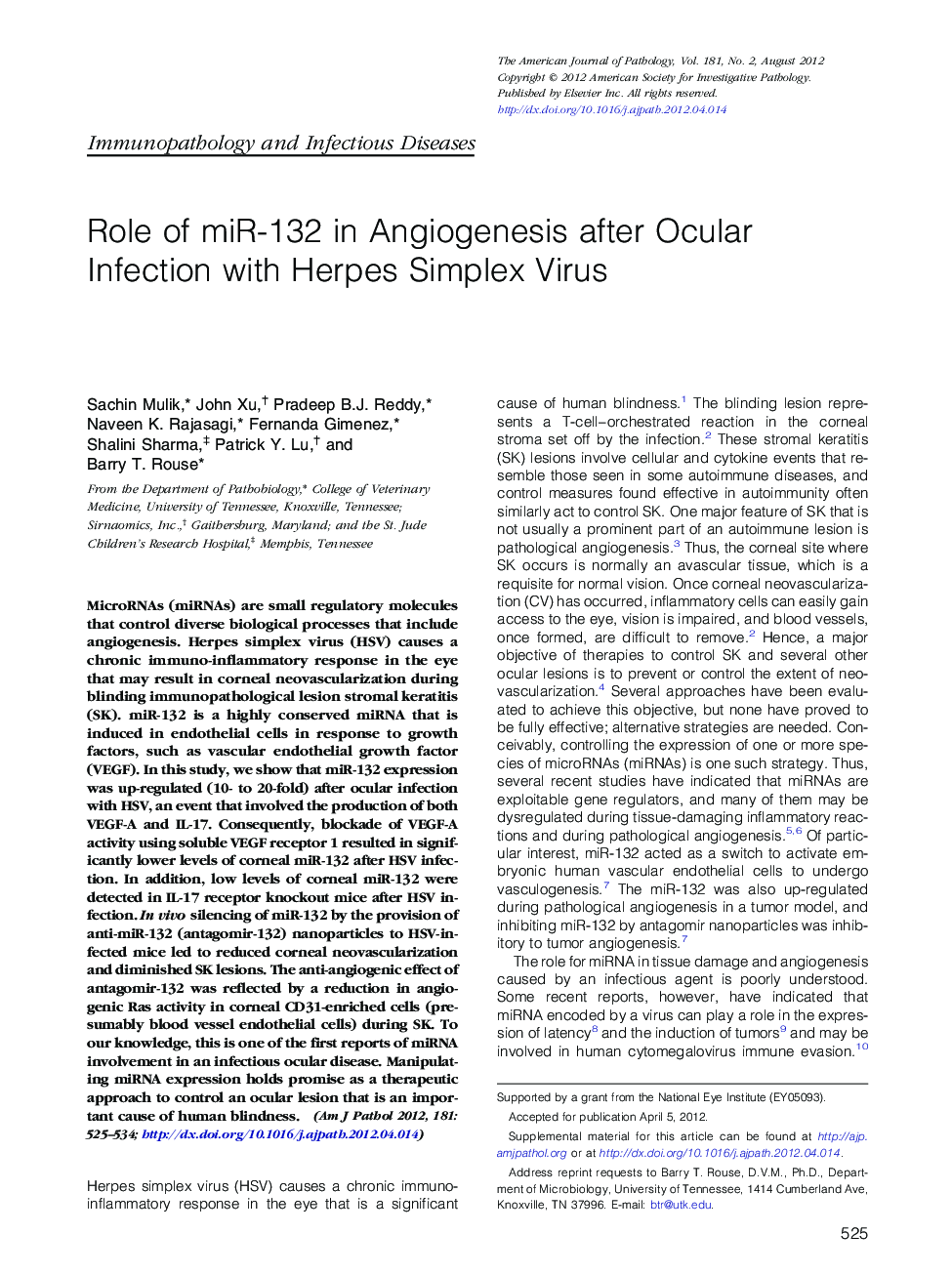 Regular articleImmunopathology and infectious diseasesRole of miR-132 in Angiogenesis after Ocular Infection with Herpes Simplex Virus