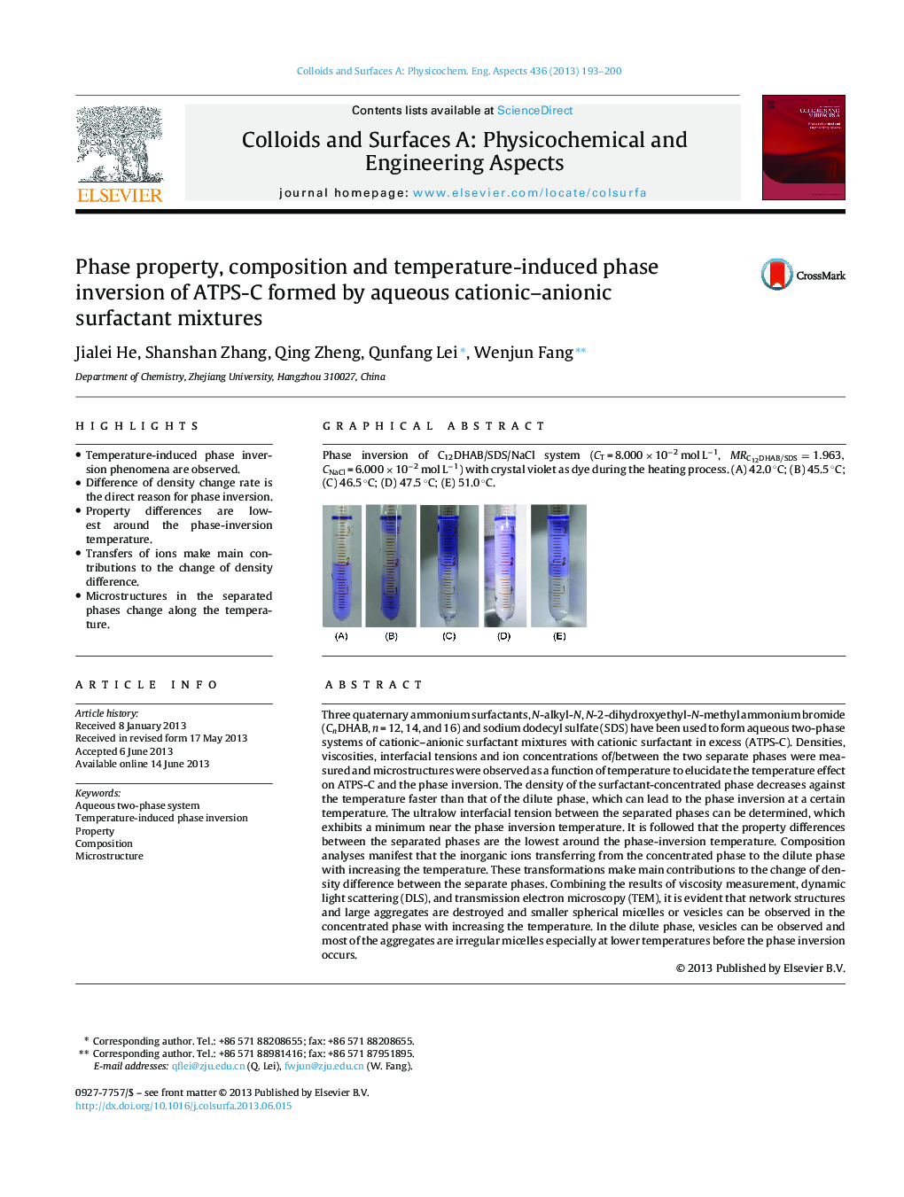 Phase property, composition and temperature-induced phase inversion of ATPS-C formed by aqueous cationic–anionic surfactant mixtures