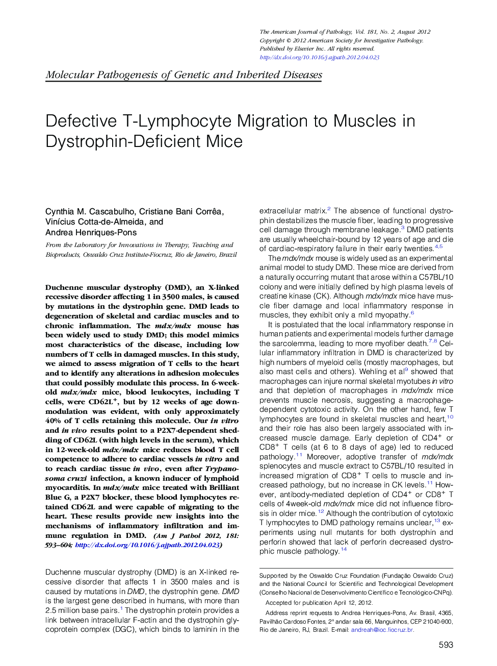 Defective T-Lymphocyte Migration to Muscles in Dystrophin-Deficient Mice