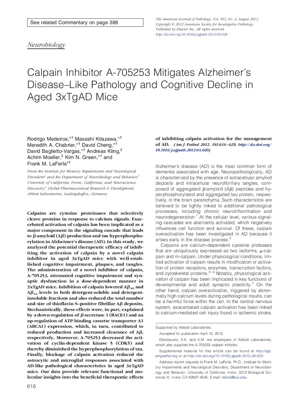 Calpain Inhibitor A-705253 Mitigates Alzheimer's Disease-Like Pathology and Cognitive Decline in Aged 3xTgAD Mice