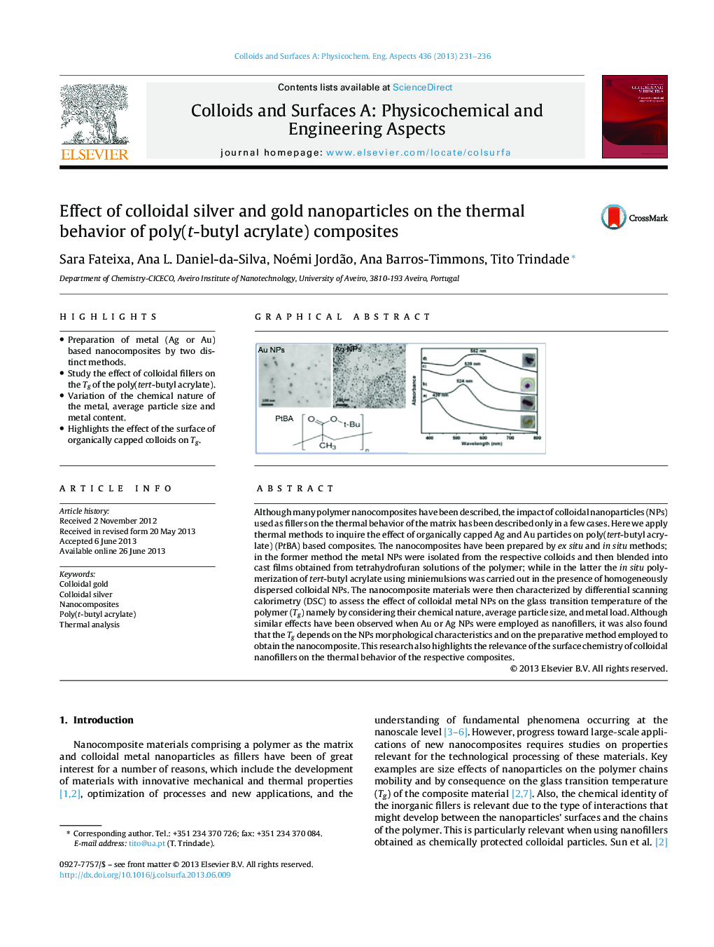 Effect of colloidal silver and gold nanoparticles on the thermal behavior of poly(t-butyl acrylate) composites