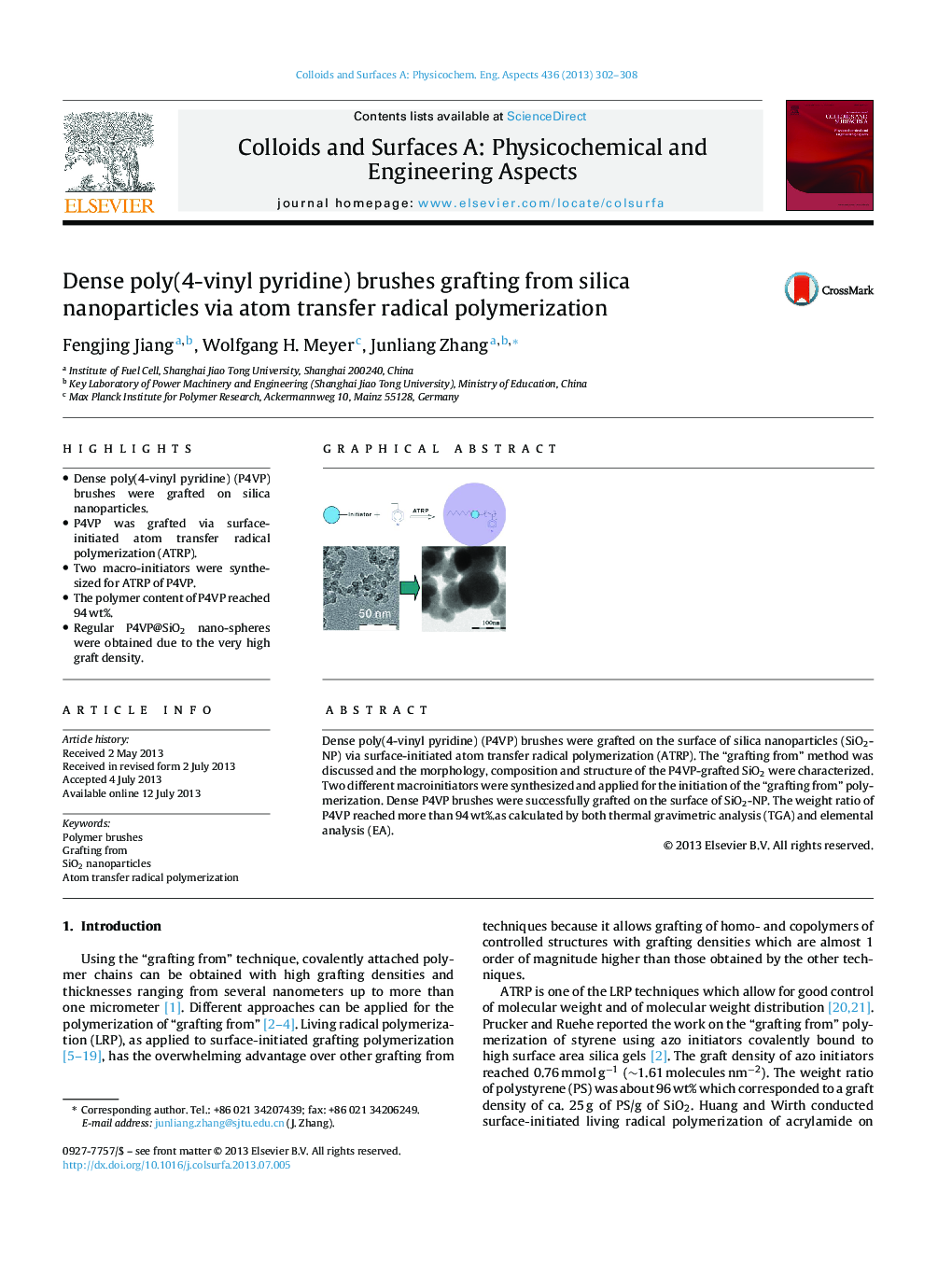 Dense poly(4-vinyl pyridine) brushes grafting from silica nanoparticles via atom transfer radical polymerization