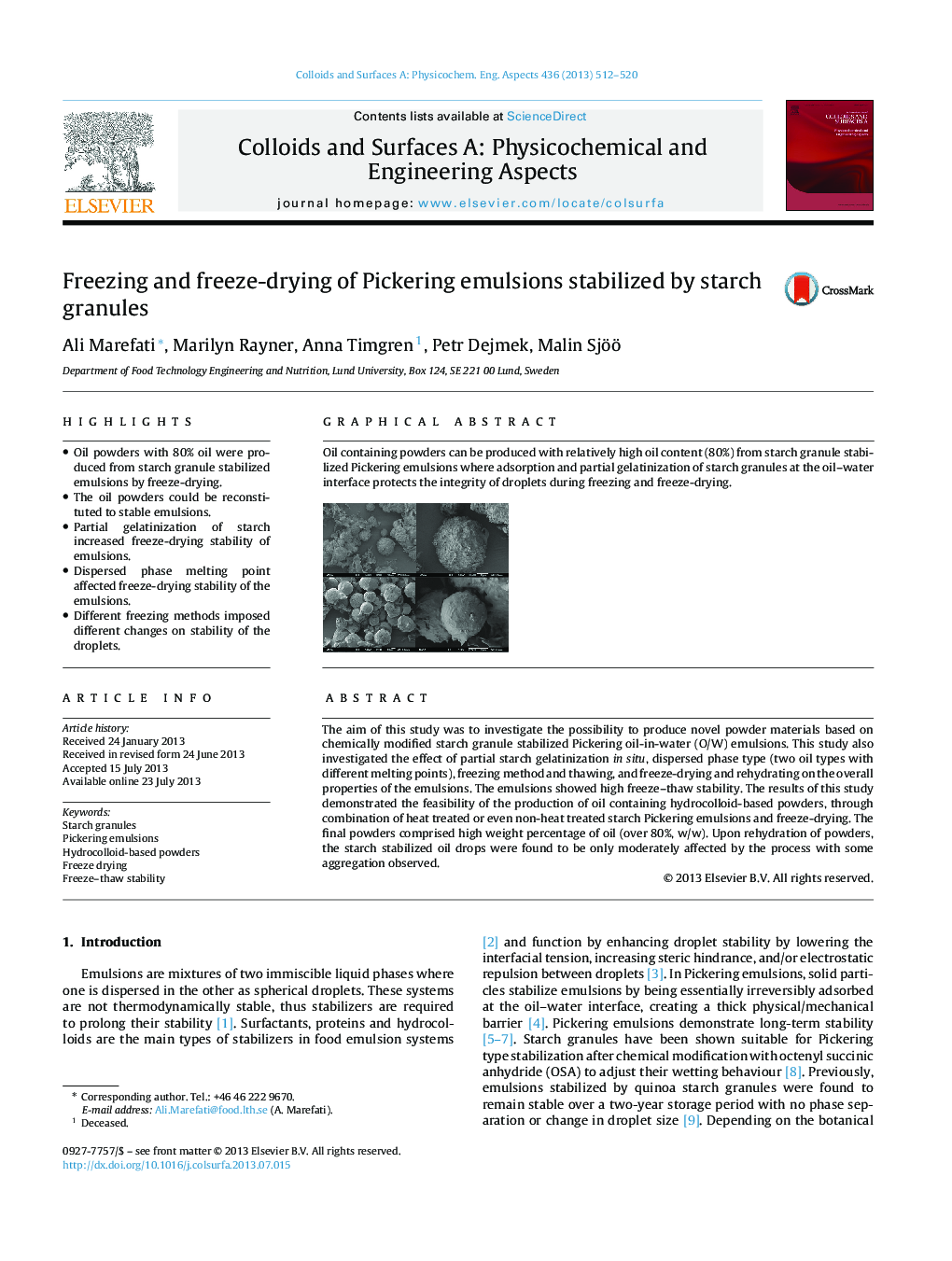 Freezing and freeze-drying of Pickering emulsions stabilized by starch granules