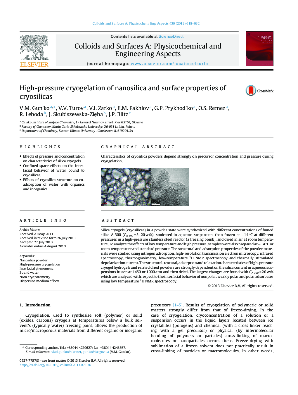 High-pressure cryogelation of nanosilica and surface properties of cryosilicas