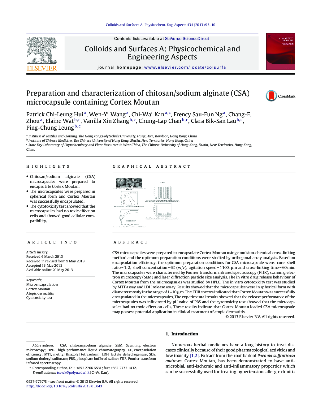 Preparation and characterization of chitosan/sodium alginate (CSA) microcapsule containing Cortex Moutan