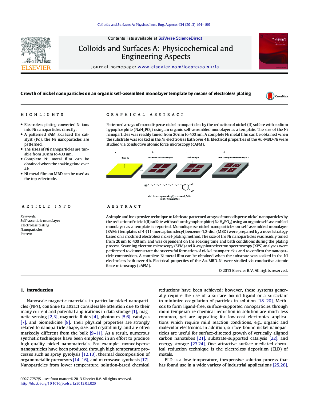 Growth of nickel nanoparticles on an organic self-assembled monolayer template by means of electroless plating