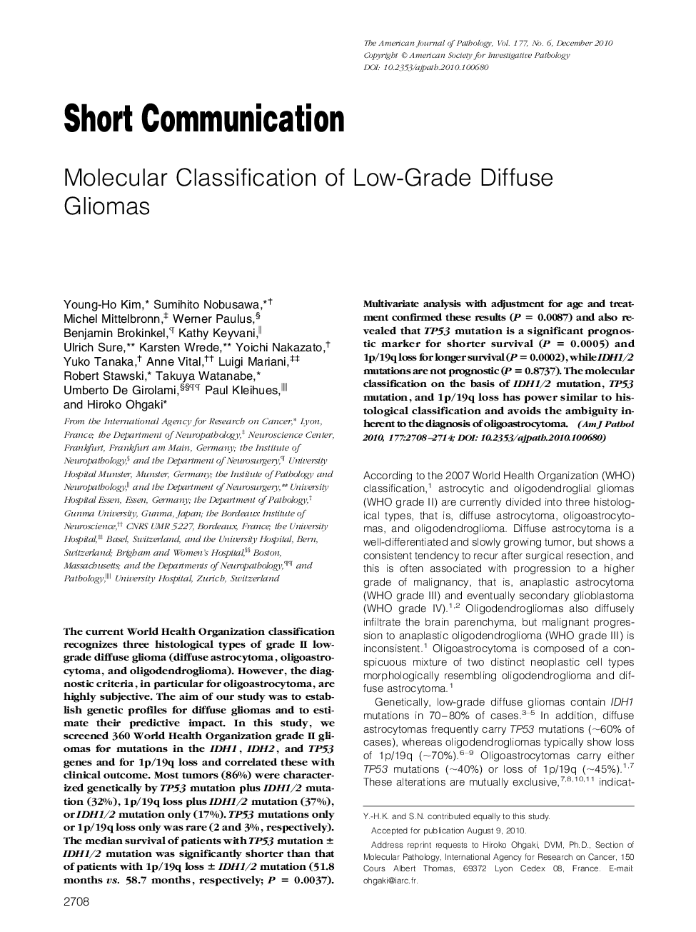 Short CommunicationsMolecular Classification of Low-Grade Diffuse Gliomas