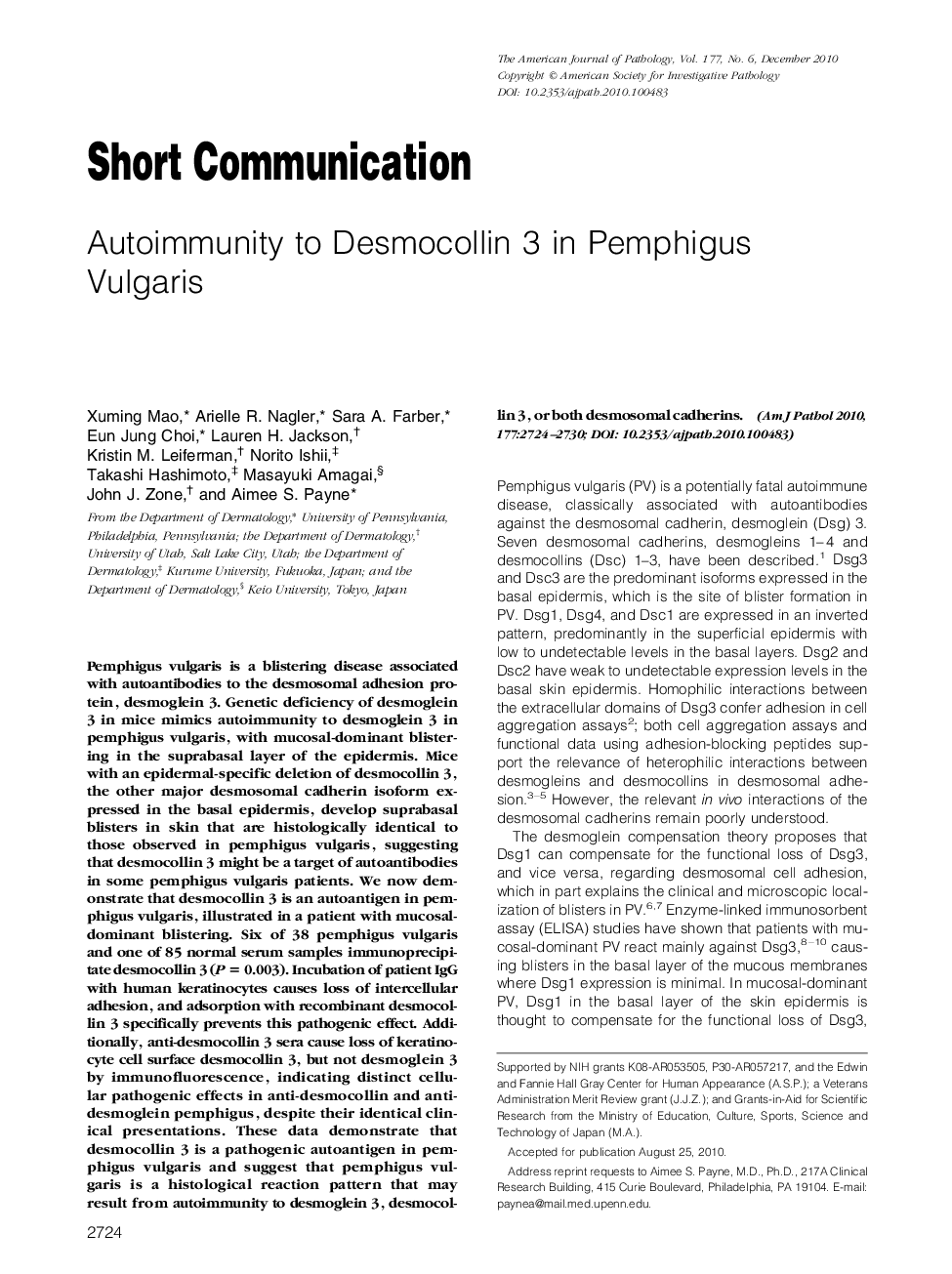 Autoimmunity to Desmocollin 3 in Pemphigus Vulgaris