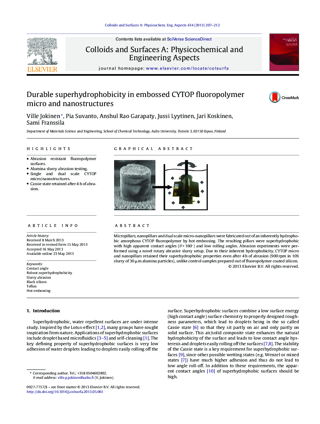 Durable superhydrophobicity in embossed CYTOP fluoropolymer micro and nanostructures