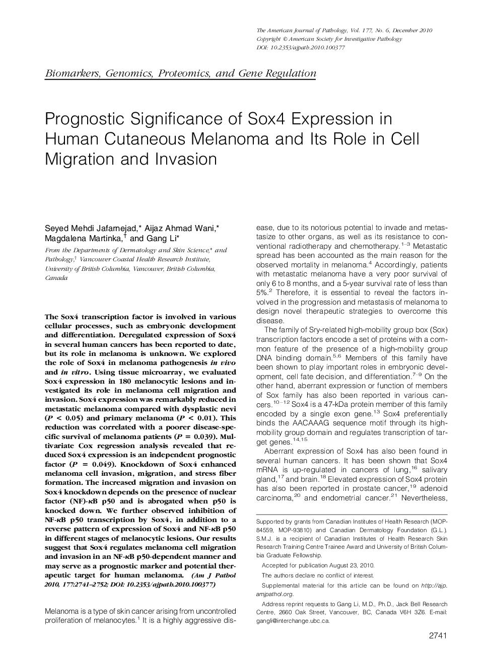 Prognostic Significance of Sox4 Expression in Human Cutaneous Melanoma and Its Role in Cell Migration and Invasion