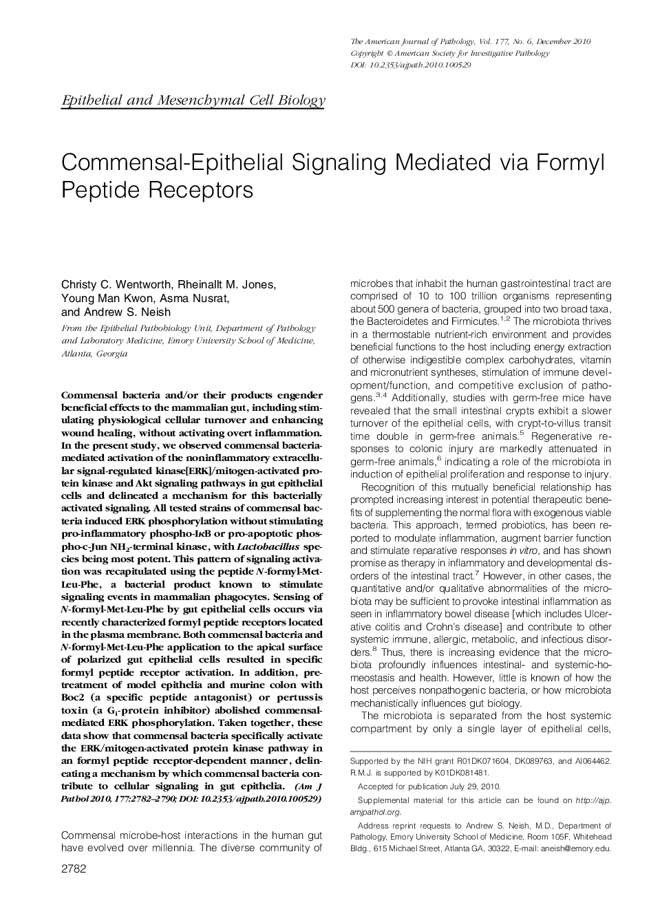 Commensal-Epithelial Signaling Mediated via Formyl Peptide Receptors
