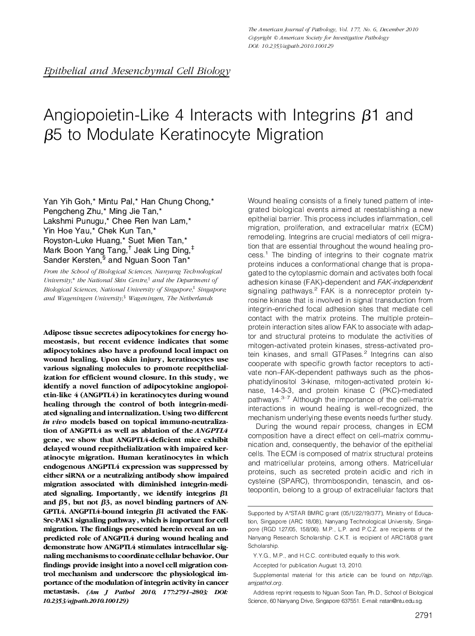 Angiopoietin-Like 4 Interacts with Integrins Î²1 and Î²5 to Modulate Keratinocyte Migration