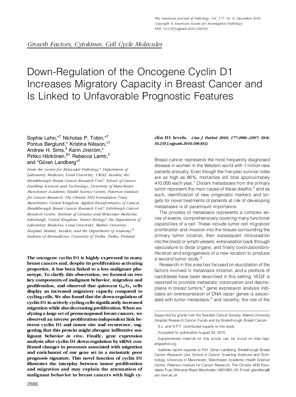 Down-Regulation of the Oncogene Cyclin D1 Increases Migratory Capacity in Breast Cancer and Is Linked to Unfavorable Prognostic Features