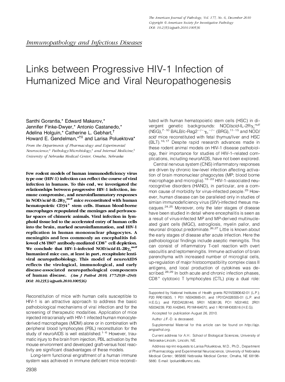 Regular ArticlesLinks between Progressive HIV-1 Infection of Humanized Mice and Viral Neuropathogenesis